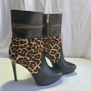 Michael Kors Black Leather Leopard Calf Hair Platform Ankle Boots 9M Zipper